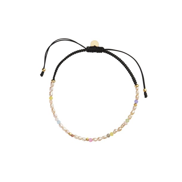 Stine A - Confetti Pearl Bracelet With Beige And Pastel Mix With Black Ribbon