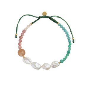 Stine A - Powder Fall Bracelet with Stones and Pearls and Pine Green Ribbon