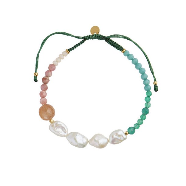 Stine A - Powder Fall Bracelet with Stones and Pearls and Pine Green Ribbon