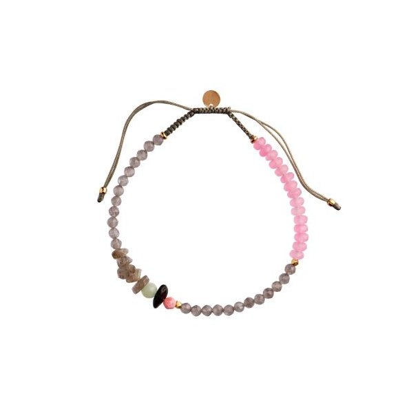 Stine A - Harmony Bracelet with Calm Grey &amp; Pink Gemstone and Khakigrey Ribbon