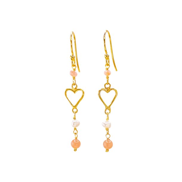Susanne Friis Bj�rner - Hjerte �reringe med perler og peach m�nesten, Forgyldt