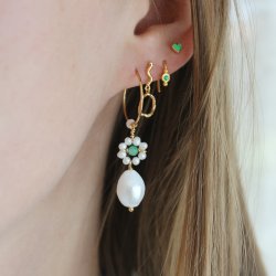 Stine A - Heavenly Flower Pearl Hoop With Green Stone &amp; Pearl